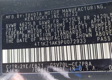 2023 Toyota Camry Trd/Xse из США, поврежденный, VIN 4T1KZ1AK9PU072933